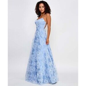 Say Yes Juniors' Sequin-and-Lace Strappy Ball Gown, Sky Blue, Size 3/4